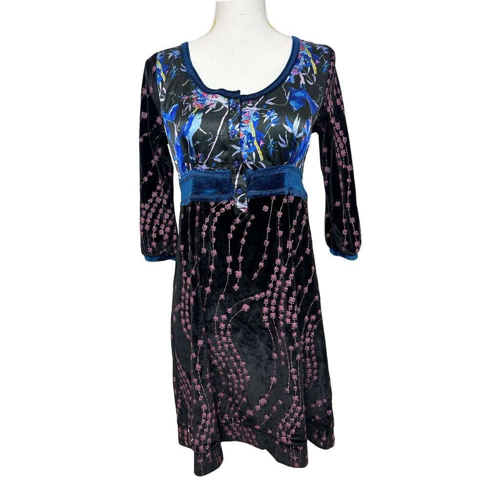 Custo Barcelona Black Velvet Mini Dress  Y2K Graphic Tunic, Long Sleeve Sz:2